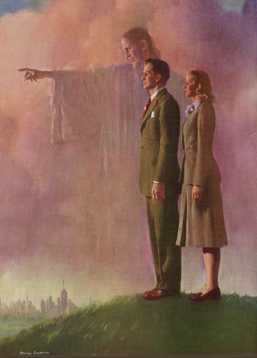 A painting by Harry Anderson depicting the Great Commission in modern times. A white man and woman, clad in midcentury modern garb, stand atop a hill looking down at a modern city skyline. A spectral image of Jesus appears in the clouds behind them, pointing the way.